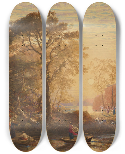 Triptych art skateboard deck of Samuel Palmer Sir Guyon With The Palmer Attending Tempted By Phaedria To Land Upon The Enchanted Islands by Samuel Palmer (1805-1881)