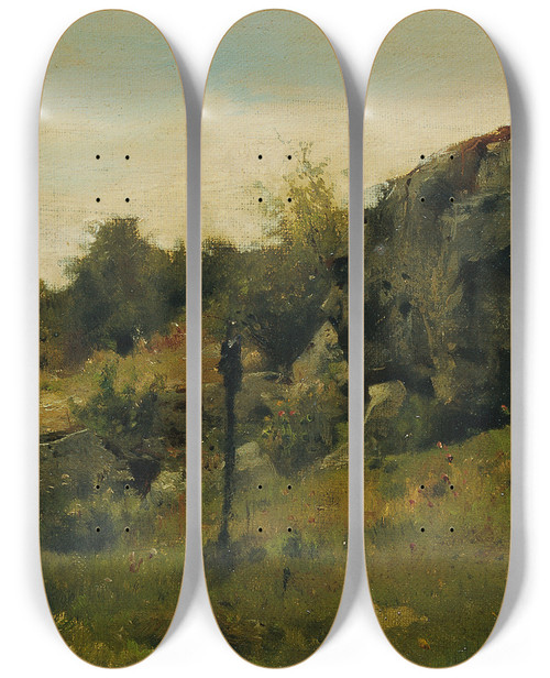 Triptych art skateboard deck of Johann Till The Younger Wiesenlandschaft Mit Felsen by Johann Till the younger (1827-1894)