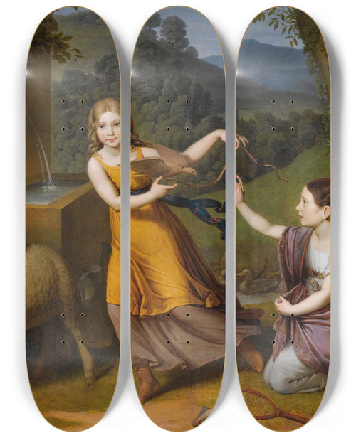 Triptych art skateboard deck of Anton Petter Portrait Of Four Children Full Lengthin A Landscape With A Sheep And Turtle Doves by Anton Petter (1781-1858)