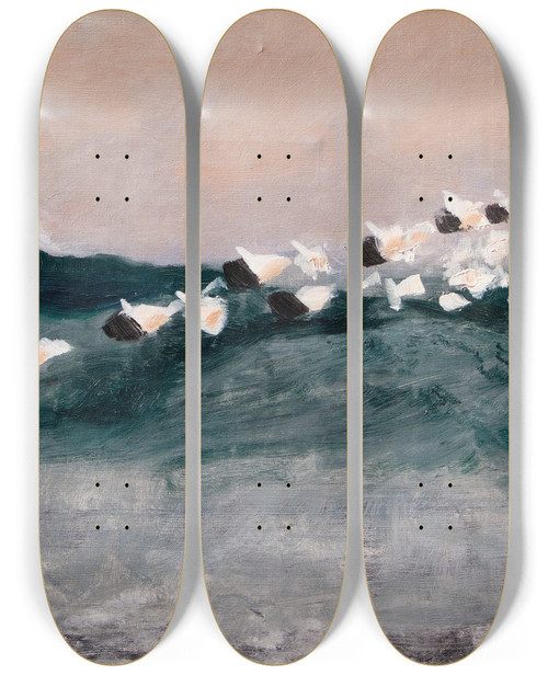 Triptych art skateboard deck of Bruno Liljefors Sketch For Eider Ducks Flying In Formation by Bruno Liljefors (1860-1939)