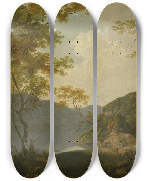 Triptych art skateboard deck of Joseph Wright Of Derby Lake Scene by Joseph Wright Of Derby (1734-1797)