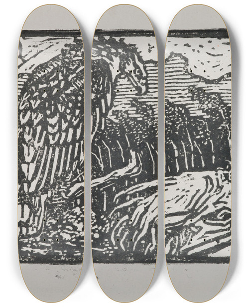 Triptych art skateboard deck of Akseli Gallenkallela The Great Kalevala Woodcut Print Of Vinminen And The Eagle_1 by Akseli Gallen Kallela (1865-1931)