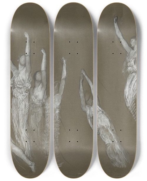 Triptych art skateboard deck of Edwin Austin Abbey Compositional Study For The Spirit Of Light Lunette by Edwin Austin Abbey (1852-1911)