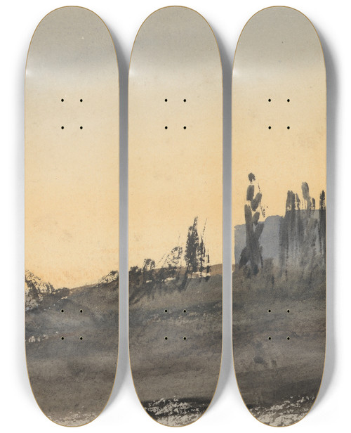 Triptych art skateboard deck of Barbara Bodichon Study Of A Hill With Trees_1 by Barbara Bodichon (1827-1891)