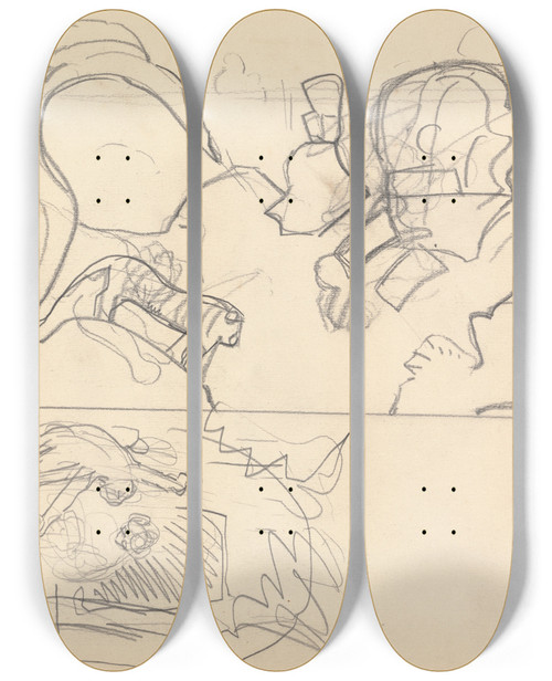 Triptych art skateboard deck of Spencer Frederick Gore Cave Of The Golden Calf Tree House Design For Panels With Animals by Spencer Frederick Gore (1878-1914)