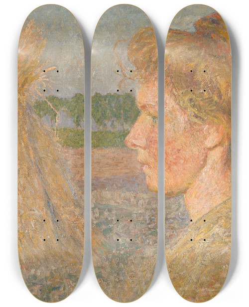 Triptych art skateboard deck of Emile Claus Profile Of A Woman And Wheatsheaves by Emile Claus (1849-1924)