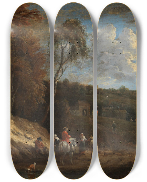 Triptych art skateboard deck of Cornelis Huysmans Waldrand Mit Blick In Eine Ebene Und Staffage Von Reisenden Und Bauern by Cornelis Huysmans (1648-1727)