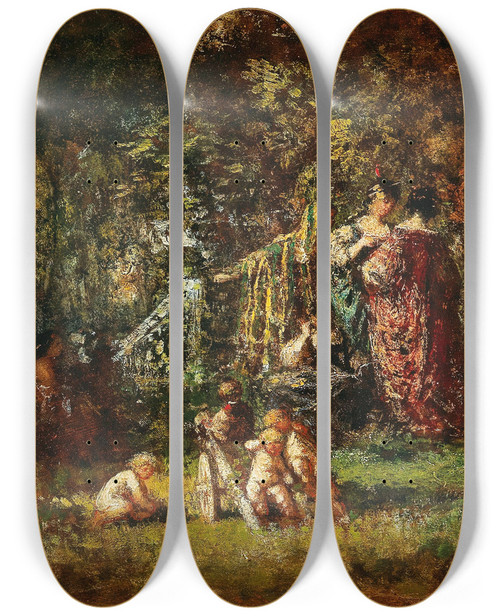 Triptych art skateboard deck of Adolphe Monticelli Liebesreigen In Parklandschaft by Adolphe Monticelli (1824-1886)