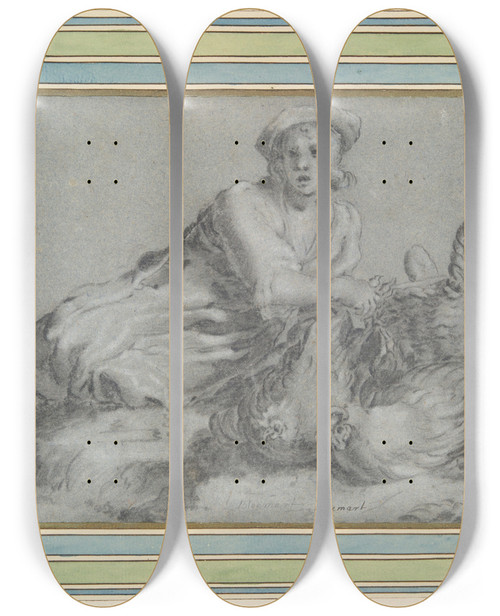 Triptych art skateboard deck of After Abraham Bloemaert Boy With Two Hens And Abasket by After Abraham Bloemaert (1564-1651)