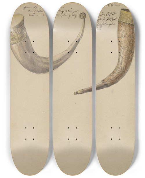 Triptych art skateboard deck of Adolph Tidemand Tre Gamle Norske Drikkehorn by Adolph Tidemand (1814-1876)