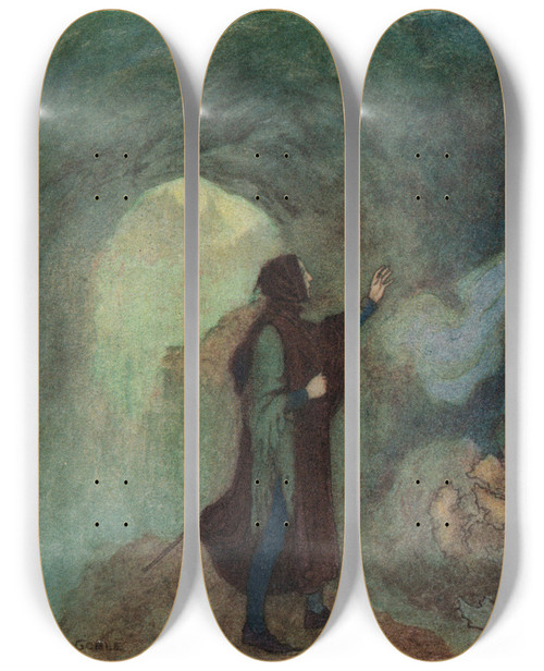 Triptych art skateboard deck of Warwick Goble The Fairy Appearing To The Prince In The Grotto by Warwick Goble (1862-1943)