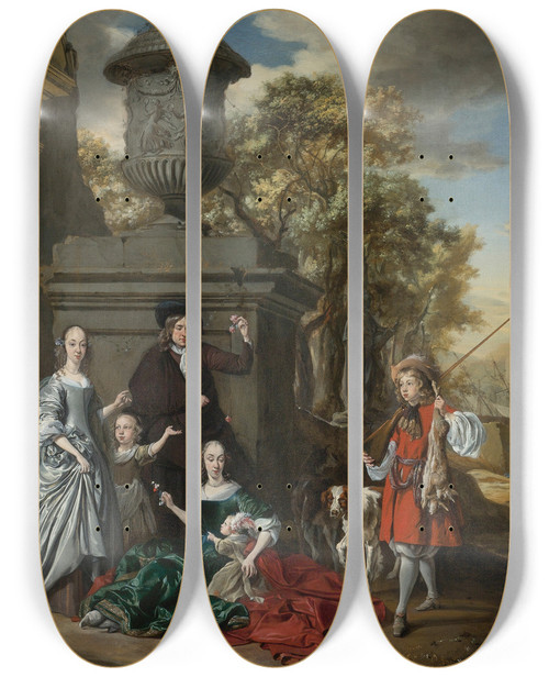 Triptych art skateboard deck of Jan Weenix A Family Portrait On The Grounds Of A Villa With An Italianate Harbor Scene Beyond by Jan Weenix (1641-1719)