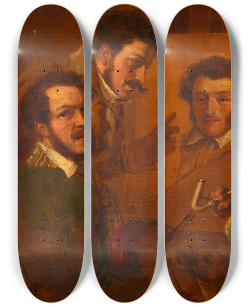 Triptych art skateboard deck of Alexander Clarot Knstlergesellschaft Die Maler Gauermann Danhauser Und Alconiere Vor Dem Bild Dr Mllers by Alexander Clarot (1796-1842)