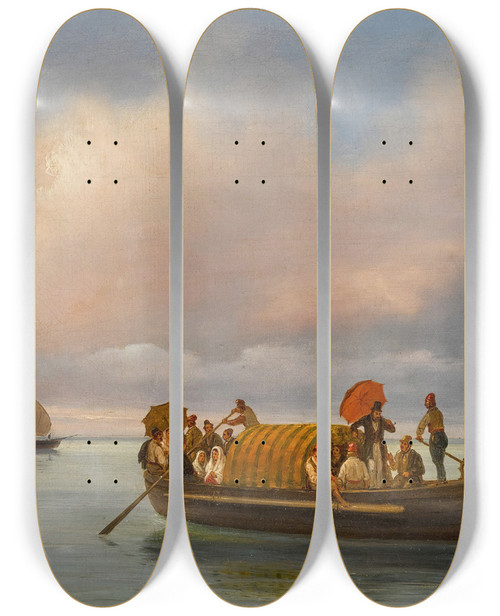 Triptych art skateboard deck of Giuseppe Canella A Venetian Scene With A Gondola On A Lagoon by Giuseppe Canella (1788-1847)