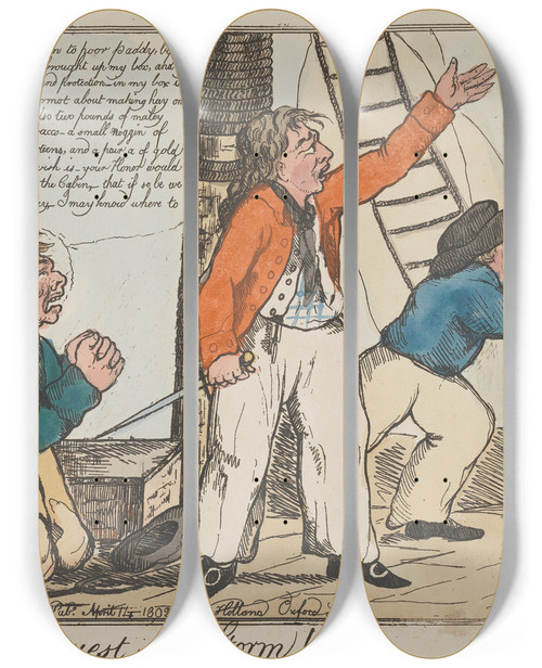 Triptych art skateboard deck of George Moutard Woodward An Irish Request In A Storm by George Moutard Woodward (1765-1809)