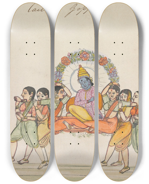 Triptych art skateboard deck of Gangaram Chintaman Tambat Vishnu Riding A Palanquin Composed Of Female Attendants by Gangaram Chintaman Tambat