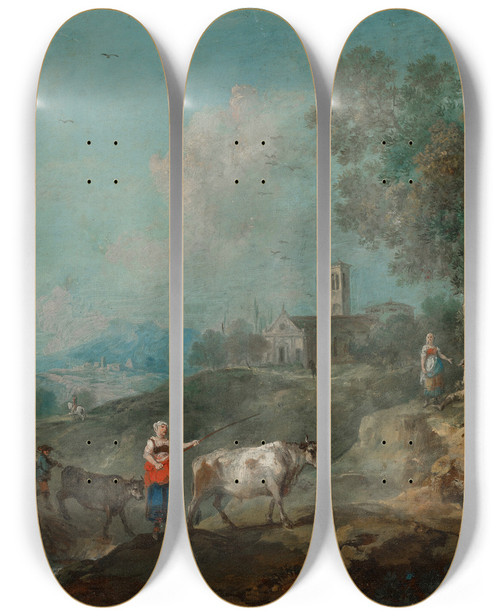 Triptych art skateboard deck of Francesco Zuccarelli An Italianate Landscape With Peasants Herding Cattle Near A Stream A Town Beyond by Francesco Zuccarelli (1702-1788)