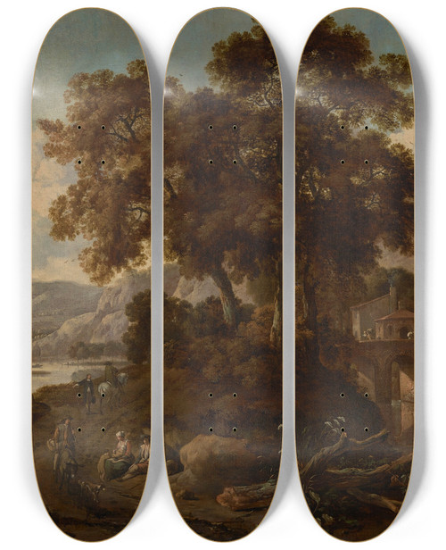 Triptych art skateboard deck of Jan Wijnants An Italianate Wooded Landscape With A River by Jan Wijnants (1632-1684)
