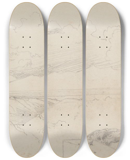 Triptych art skateboard deck of Barbara Bodichon Study Of Mountainous Landscape With Clouds by Barbara Bodichon (1827-1891)