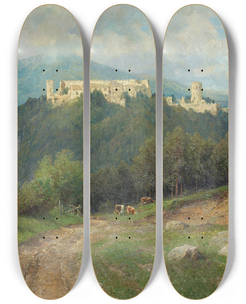 Triptych art skateboard deck of Hugo Darnaut Die Ruine Starhemberg Im Piestingtal by Hugo Darnaut (1850-1937)