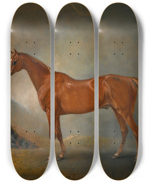 Triptych art skateboard deck of John Ferneley Lord Henry Bentincks Chestnut Hunterfirebird Andpolicya Foxhound In A Loose Box by John Ferneley (1782-1860)