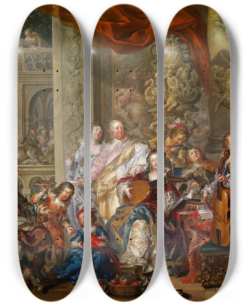 Triptych art skateboard deck of Johann Georg Platzer Concert In The Palace by Johann Georg Platzer (1704-1761)
