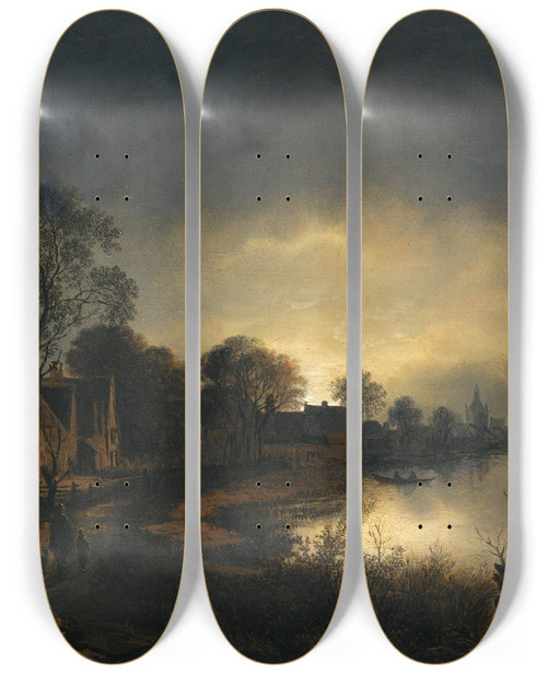 Triptych art skateboard deck of Aert Van Der Neer A River Landscape At Dusk With And Figures Walking Along A Path Towards A Villagetothe Left A Church In The Distance by Aert van der Neer (1603-1677)