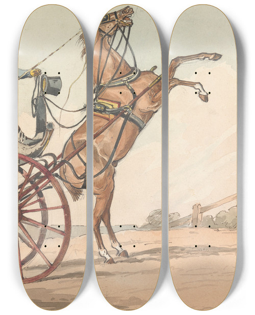 Triptych art skateboard deck of Henry Thomas Alken Sporting Discoveries Or The Miseries Of Driving Up And Down Or The Endeavor To Discover Which Way Your Horse Is Inclined To Come Down Backwards Or Forwards by Henry Thomas Alken (1785-1851)