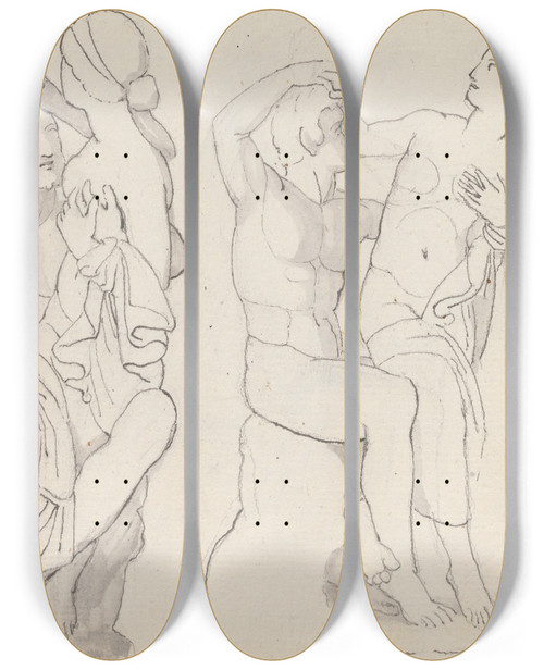 Triptych art skateboard deck of John Flaxman Two Studies Of The Seated Satyr And Nymph Villa Ludovisi Rome by John Flaxman (1755-1826)