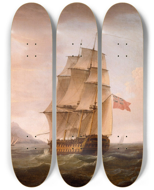 Triptych art skateboard deck of Thomas Whitcombe A British Man Of War Before The Rock Of Gibraltar by Thomas Whitcombe (1763-1824)