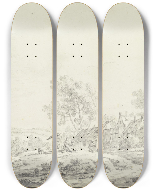 Triptych art skateboard deck of Johann Christoph Dietzsch Huser Eines Dorfes In Einer Hgeligen Landschaft Von Links Fhrt Ein Weg Mit Einer Gruppe Von Personen Ber Eine Anhhe Zu Den Husern by Johann Christoph Dietzsch (1710-1768)