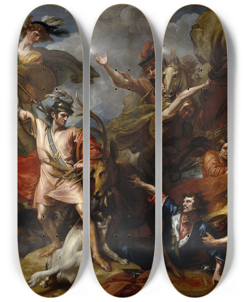 Triptych art skateboard deck of Benjamin West Alexander Iii Of Scotland Rescued From The Fury Of A Stag By The Intrepidity Of Colin Fitzgerald The Death Of The Stag by Benjamin West (1738-1820)