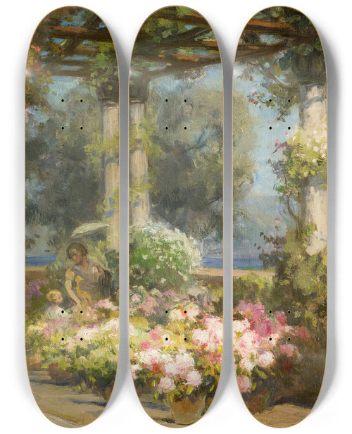 Triptych art skateboard deck of Imre Gergely Under The Pergola by Imre Gergely (1868-1914)