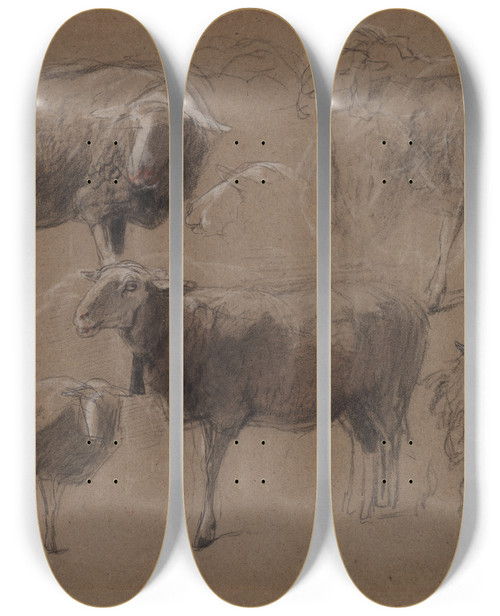 Triptych art skateboard deck of Anton Mauve Studies Of Sheep by Anton Mauve (1838-1888)