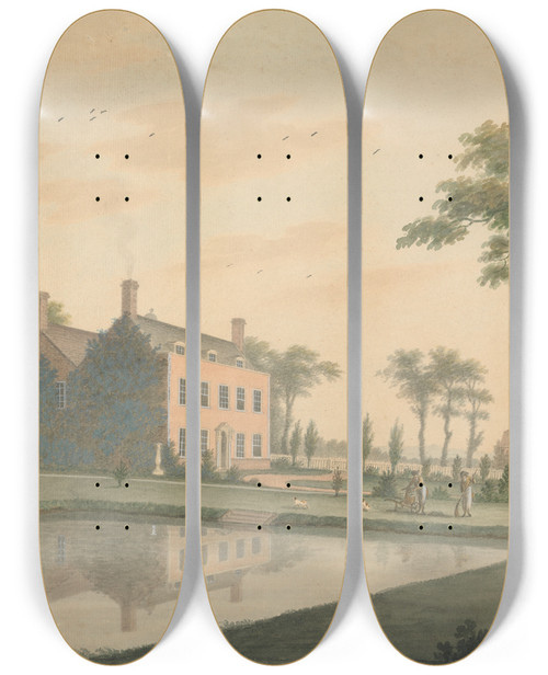 Triptych art skateboard deck of James Lambert Of Lewes South View Of A House At Ringmer With Gardeners At Work by James Lambert Of Lewes (1725-1788)