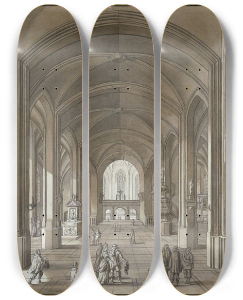 Triptych art skateboard deck of Johann Ludwig Ernst Morgenstern Blick Auf Lettner Und Chor Einer Dreischiffigen Gotischen Kirche by Johann Ludwig Ernst Morgenstern (1738-1819)