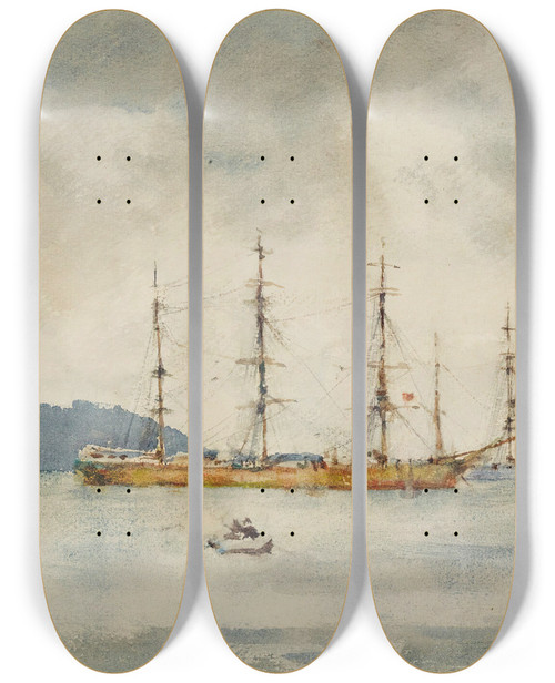 Triptych art skateboard deck of Henry Scott Tuke Windjammers In Falmouth Harbour by Henry Scott Tuke (1858-1929)