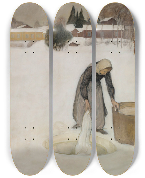 Triptych art skateboard deck of Pekka Halonen Washing On The Ice by Pekka Halonen (1865-1933)