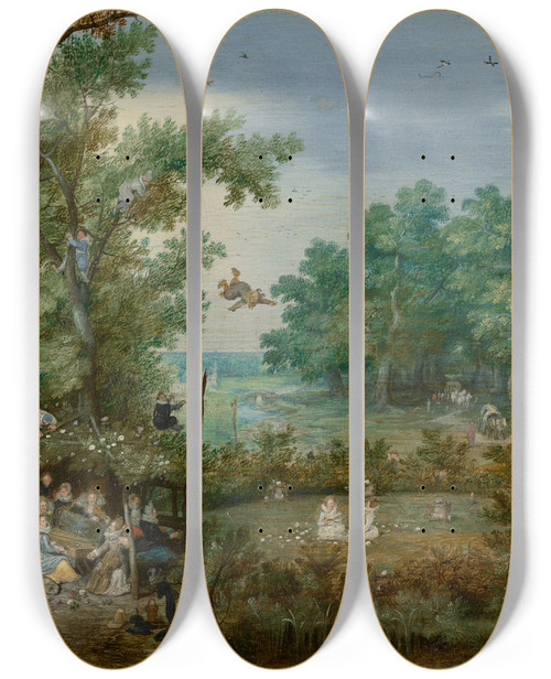 Triptych art skateboard deck of Adriaen Van De Venne Merry Company In An Arbor by Adriaen van de Venne (1589-1662)