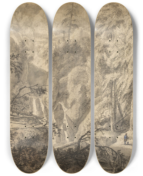 Triptych art skateboard deck of Antonie Waterloo Mountain Landscape Peasants In A Clearing Near A Waterfall by Antonie Waterloo (1609-1690)