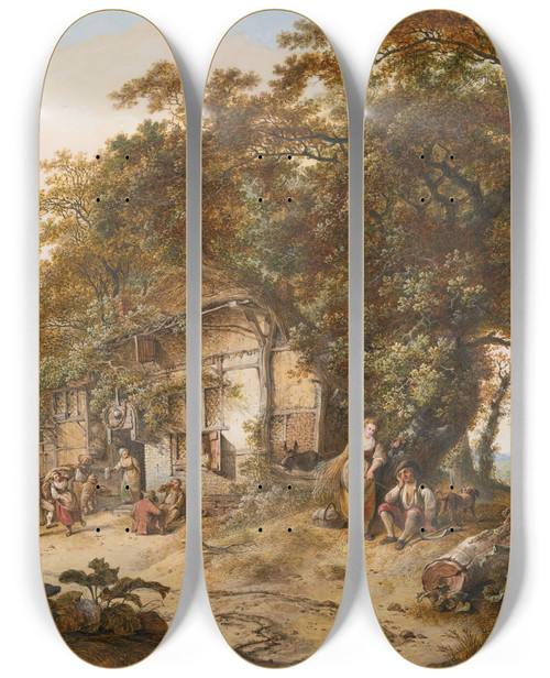 Triptych art skateboard deck of Hendrik Meijer Extensive Landscape With Peasants Resting Before A Tavern Others Harvesting In The Distance And A Church On A Hill Behind by Hendrik Meijer (1744-1793)