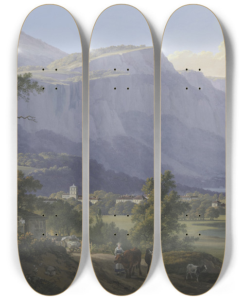 Triptych art skateboard deck of Jeanantoine Linck Vue De La Ville De St Jeoire 5 Lieus De Genve Et Des Montagnes De Machily Et Fausigny by Jean-Antoine Linck (1766-1843)