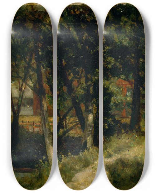 Triptych art skateboard deck of Edward Mitchell Bannister Untitled Landscape Forest Scene With Red Fence And Building by Edward Mitchell Bannister (1828-1901)