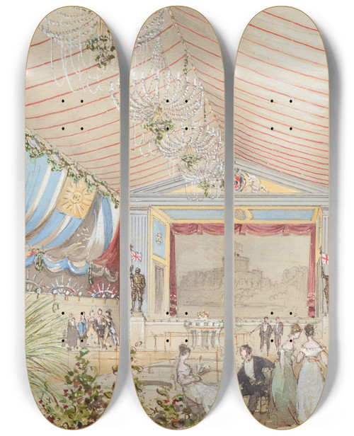 Triptych art skateboard deck of Nicholas Chevalier Sketch Of The Performance Played On Board Hms Galatea Looking Towards The Stage by Nicholas Chevalier (1828-1902)