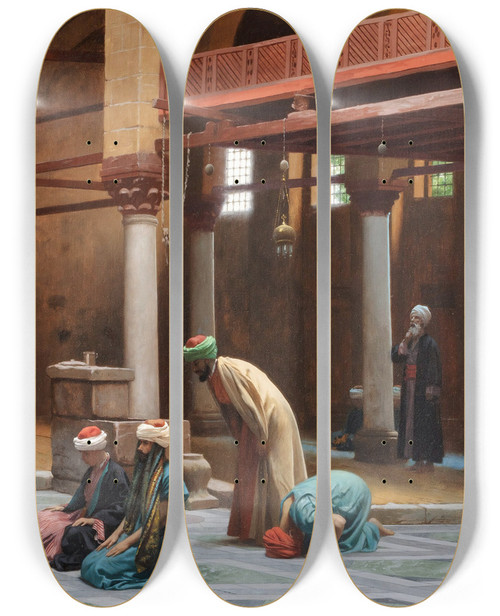 Triptych art skateboard deck of Jeanlon Grme Prayers In The Mosque by Jean-Lon Grme (1824-1904)