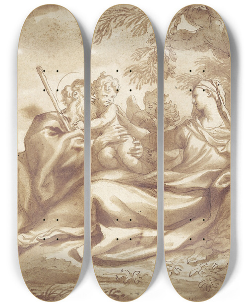 Triptych art skateboard deck of Domenico Piola Hvile Under Flugten Til Gypten by Domenico Piola (1627-1703)