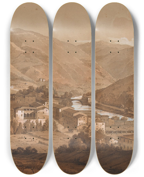 Triptych art skateboard deck of Victorjean Nicolle Town In An Alpine Valley by Victor-Jean Nicolle (1754-1826)