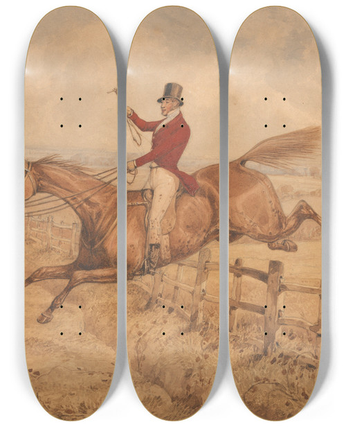 Triptych art skateboard deck of Henry Thomas Alken Topping A Flight Of Rails And Coming Well Into The Next Field by Henry Thomas Alken (1785-1851)