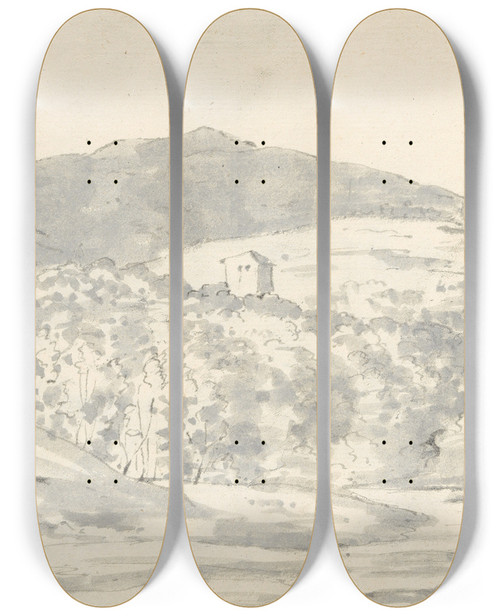 Triptych art skateboard deck of Joseph Wright Of Derby Landscape With A Towered Building And Domed Church by Joseph Wright Of Derby (1734-1797)