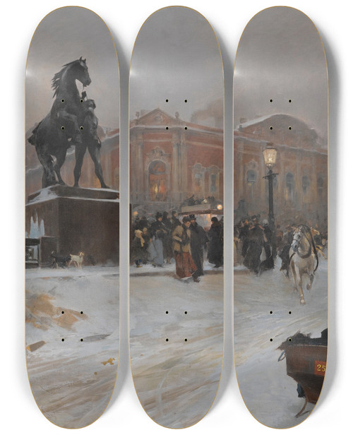 Triptych art skateboard deck of Paolo Sala The Anichkov Bridge On Nevsky Prospekt At Dusk by Paolo Sala (1859-1924)